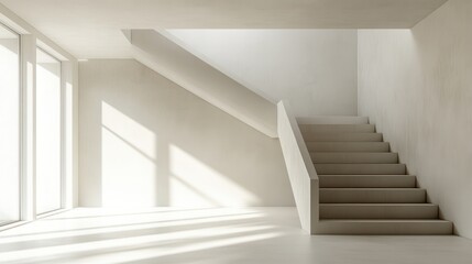Obraz premium Minimalist Architecture: Interior View of a Bright White Staircase with Window Light