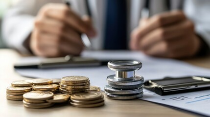 Healthcare finances concept: doctor, coins, and financial data analysis