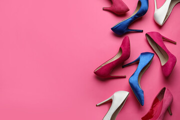 Different stylish high heels on pink background