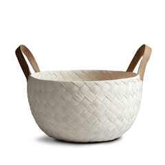 White woven basket with sturdy leather handle isolated on transparent background, perfect for lifestyle designs.