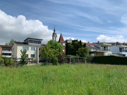 Stadt Sempach am Sempachersee inmitten der Natur, gr&uuml;ner Wiese, Schweiz