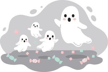 Obraz premium Cute ghosts floating with colorful candy and confetti in playful Halloween night scene vector illustration 