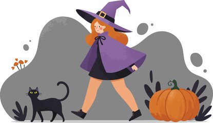 Girl dressed as witch walking with black cat and pumpkin Halloween autumn vector illustration 