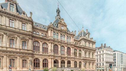 Hyperlapse of Palais de la Bourse or Palais du Commerce front view in the Les Cordeliers quarter, Lyon, France.