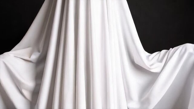 A white sheet ghost costume against a black background, with simplistic design for a seasonal and spooky Halloween themed event.