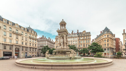 Hyperlapse of Place des Jacobins in Lyon, France, featuring the ornate Fontaine des Jacobins...