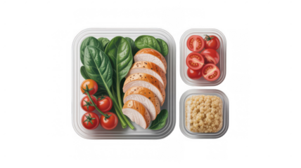 Three meal prep containers filled with grilled chicken breast, quinoa, cherry tomatoes and spinach leaves, composing a balanced and nutritious meal, presented on a transparent background