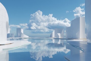 Dreamscape Architecture: White structures meet tranquil waters under a serene sky. Reflections create a mirrored world of calm beauty.