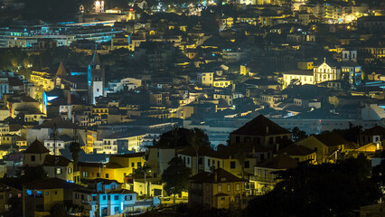 Aerial view of Funchal by night timelapse, Madeira Island, Portugal