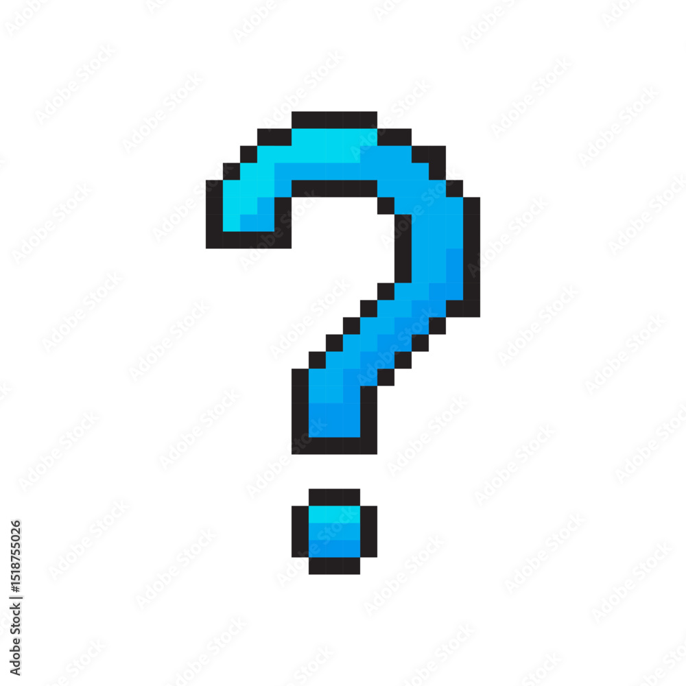 Poster pixel question mark. blue 8 bit style. retro digital sign. vector icon.