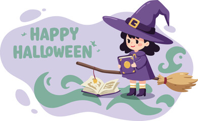 Cute little witch casting magic with spellbook and broomstick happy Halloween illustration in purple outfit 