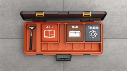 Inclusive Workforce Development: Cultivating Talent, A toolbox with icons resembling books and tools, emphasizing creativity and coding.