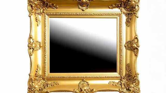 Intricate gold frame with decorative details, ornate carvings, and black rectangle, isolated on white background, showcasing elegant craftsmanship and luxurious design