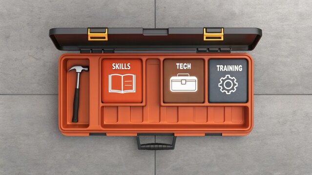 Inclusive Workforce Development: Cultivating Talent, A toolbox with icons resembling books and tools, emphasizing creativity and coding.