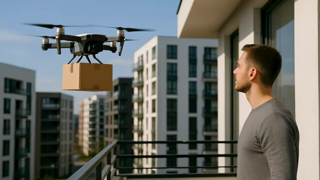 Drone delivery hovers to a balcony where a man waits, the drone delivery lowers a box and safe drone delivery shows future logistics. concept last mile logistics