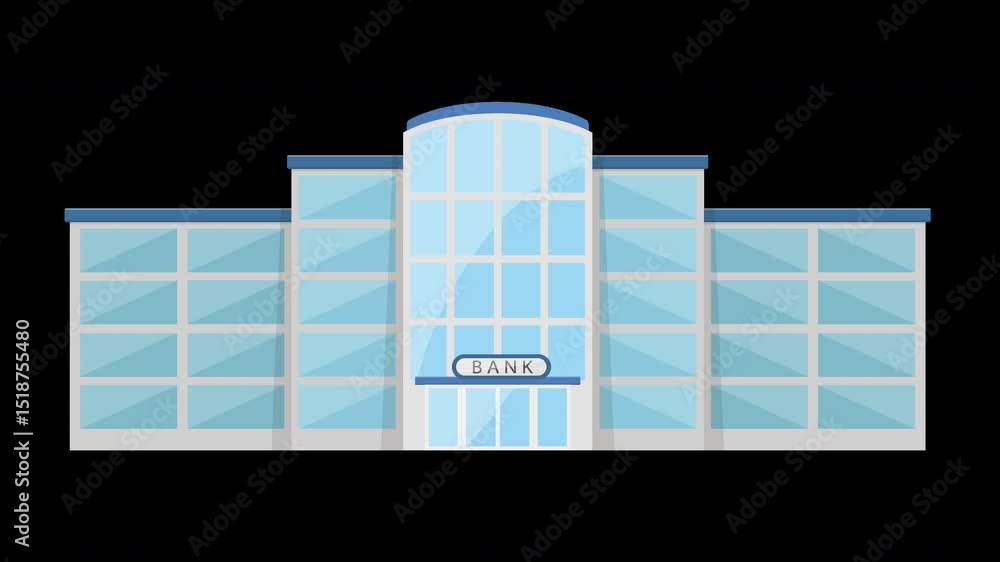 Poster stylized bank facade animated building with clean lines and modern architecture on a transparent bac