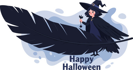 Witch flying on large black feather holding a pumpkin for Halloween celebration vector illustration 