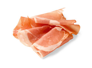 Slices of tasty prosciutto on white background