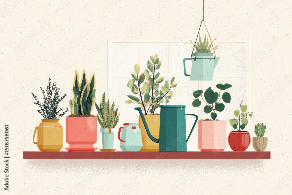 Aufkleber indoor plants arrangement near window with watering can creates a serene atmosphere in a minimal lay