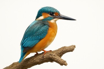 Obraz premium Vibrant Kingfisher Perching on Branch Against White
