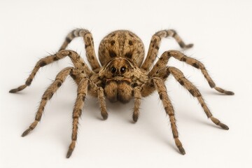 European wolf spider crawling on white background