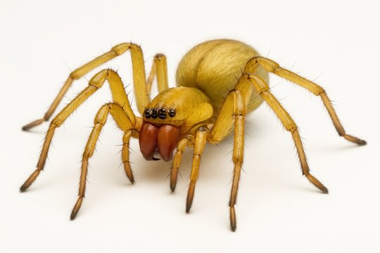Yellow spider with brown chelicerae crawling on white background