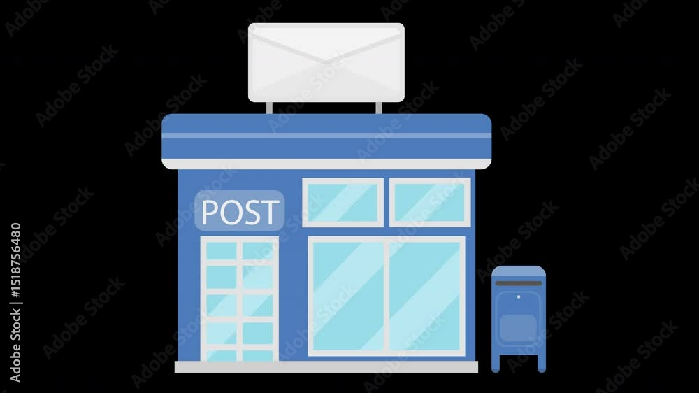 Poster animated post office building with mailbox and rising envelope, flat design on a transparent backgro