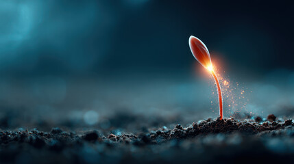 Glowing seed sprouts from dark soil symbolizing startup growth with angel investor funding in capital environment full of hope and potential.