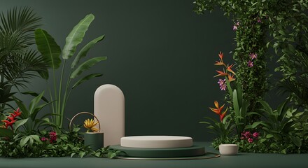 Lush Tropical Paradise Product Display Mockup with Elegant Podium and Vibrant Greenery