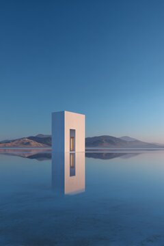 Minimalist architecture reflected in water under a clear sky, with soft colors and distant mountains, creating a serene landscape.