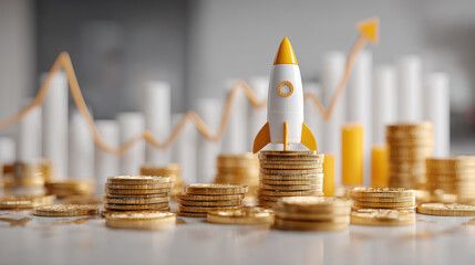 Crowdfunding and startup funding boost seed capital and finance growth shown by rocket on coin stacks with rising graph in background.