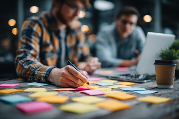 Fototapeta premium Brainstorming startup ideas with colorful sticky notes wooden table shows early seed phase of crowdfunding and funding for capital finance growth.