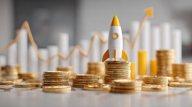 Crowdfunding and startup funding boost seed capital and finance growth shown by rocket on coin stacks with rising graph in background.