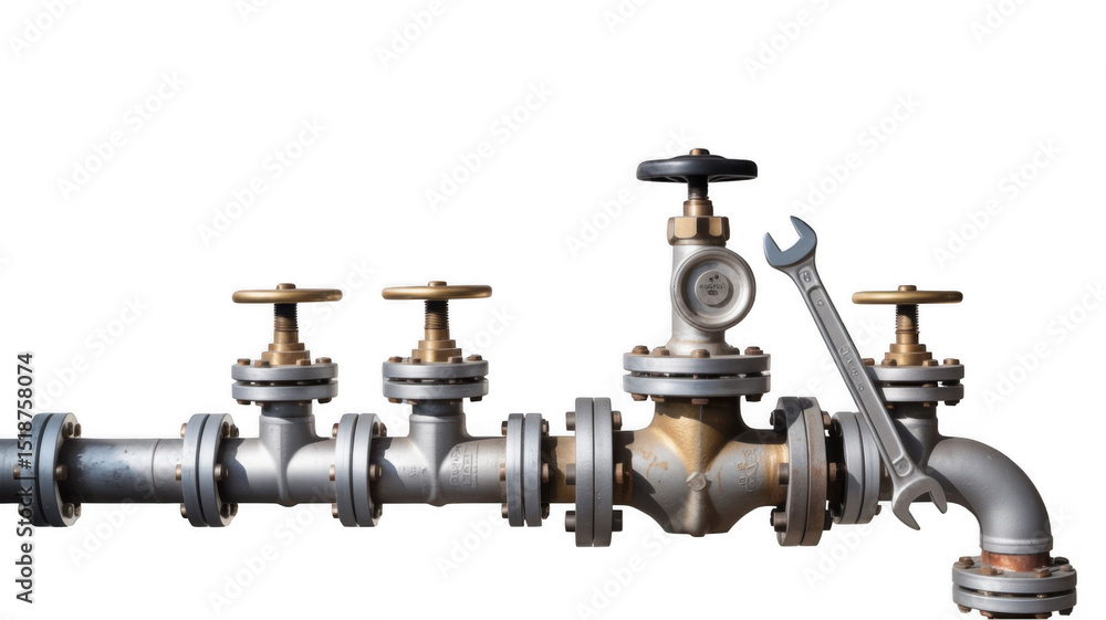 Poster industrial pipeline section with multiple valves and a wrench, isolated on a transparent background,