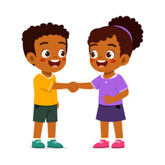 Two happy African American kids shaking hands and smiling, cartoon illustration style