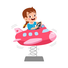 Happy Little Girl Pretending to Pilot Airplane Spring Rider Playground Equipment Smiling