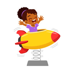 Happy african girl riding toy rocket with open arms in illustration style