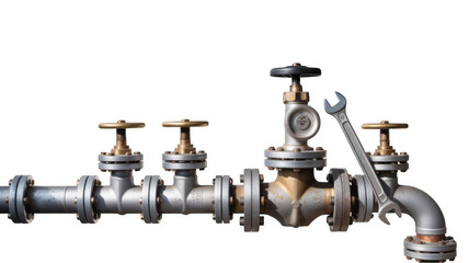 Industrial pipeline section with multiple valves and a wrench, isolated on a transparent background, ideal for engineering, plumbing, and industrial themed projects