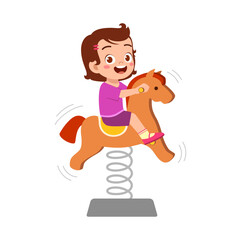 Happy Little Girl Riding a Spring Horse Toy with Smile on White Background Illustration