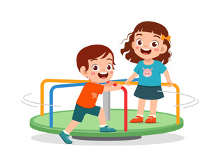 Two Smiling Children Playing on a Merry-Go-Round on a Playground with Joyful Expressions
