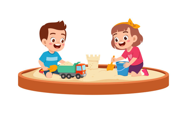 Happy kids playing in sandpit with toy truck and sand castle illustration