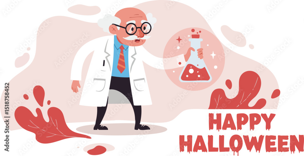 Poster scientist with laboratory flask celebrating halloween with red splashes and festive message vector i