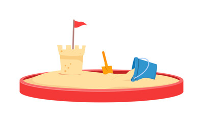 Sandbox with Sand Castle, Shovel and Bucket in a Children's Playground