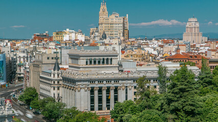 Aerial view from Cibeles Palac to Telefonica Building in Madrid timelapse