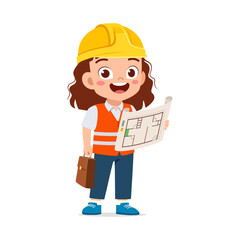 Smiling little girl architect holding blueprint and briefcase wearing yellow helmet