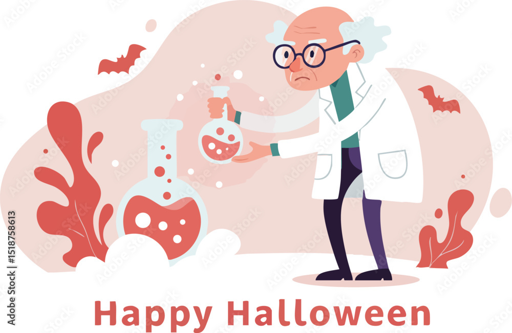 Poster scientist character holding flask with halloween potion in laboratory vector illustration