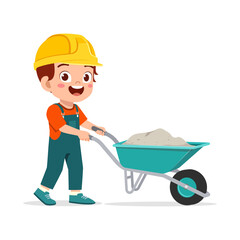 Happy boy wearing hard hat pushing wheelbarrow full of sand with smiling face in cartoon