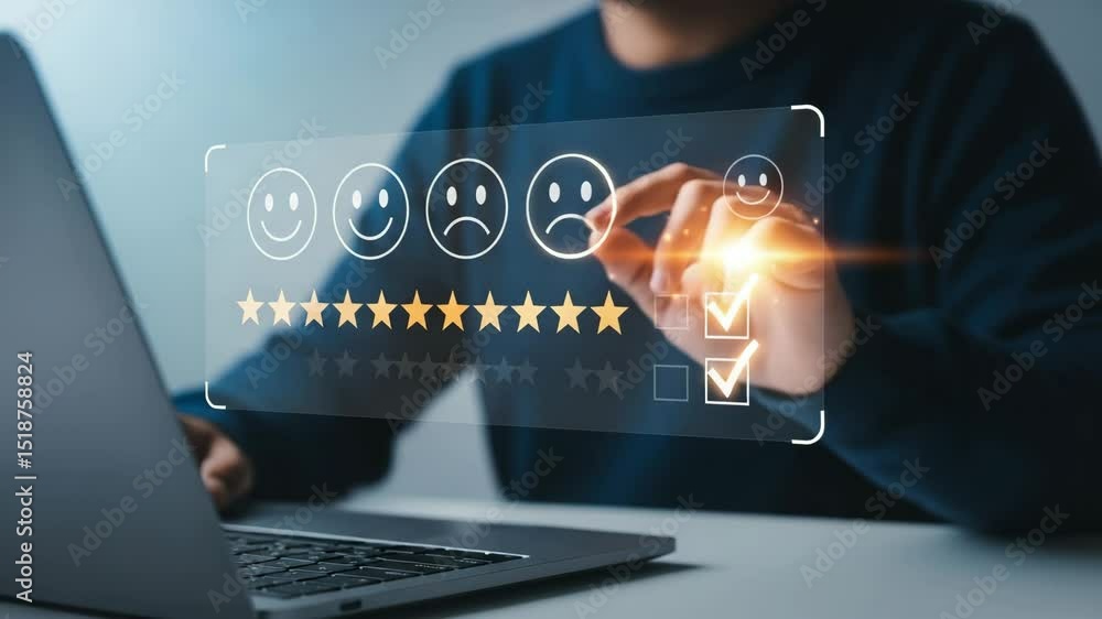 Poster person giving feedback on laptop with rating stars and face icons with checkmarks selected