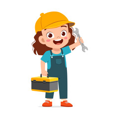 Happy Girl Holding Wrench and Toolbox Cartoon Illustration on White Background