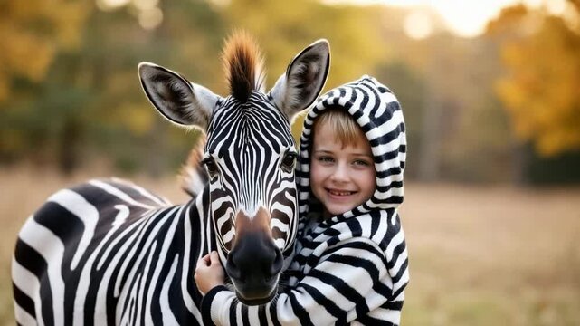 Child in zebra hoodie hugging baby zebra Equus quagga. Adorable boy in striped sweatshirt poses with young zebra foal outdoors.  Perfect image for children's apparel ads or zoo brochure.